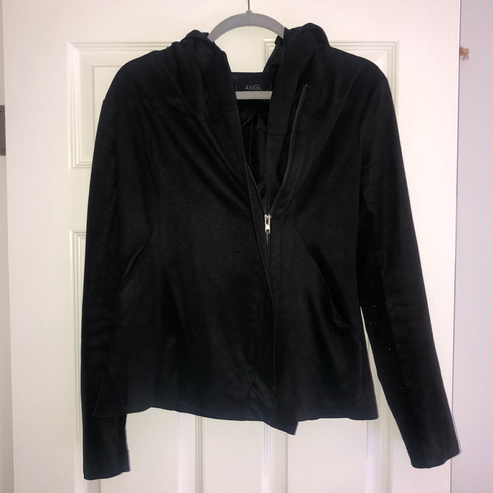Black Faux Suede Fall Hoodie Jacket